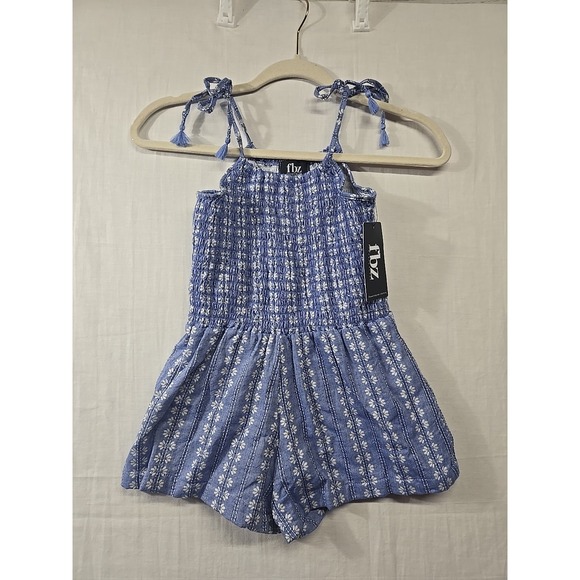 NWT Flowers by Zoe Kids Girl's Chambray Romper Smocked Tie Straps Tassels Size L - Picture 1 of 9
